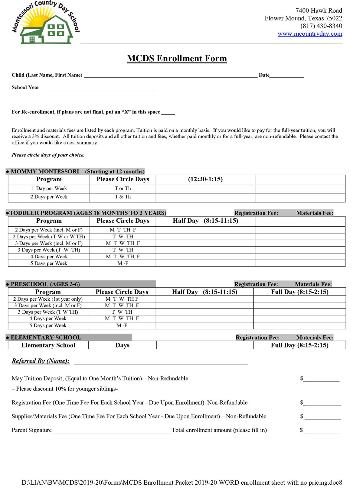 2019-20 Enrollment Sheet with No Pricing